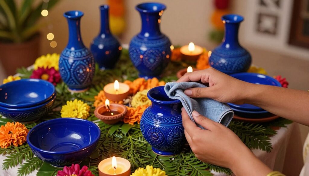A beautifully arranged display of Jaipur blue pottery, showcasing intricate designs and vibrant colors, set on a festive table adorned with green foliage and colorful flowers. In the foreground, a hand gently cleans a blue pot with a cloth, illustrating the care process with a focus on removing soot from diya candles. The middle ground features assorted blue pottery items, including bowls and vases, elegantly arranged alongside flickering diwali candles casting a warm glow. In the background, soft ambient lighting enhances the festive atmosphere, with hints of twinkling fairy lights creating a cozy yet celebratory mood. The scene is captured from a slight overhead angle, emphasizing the beauty and craftsmanship of the pottery while conveying a sense of warmth and tradition.