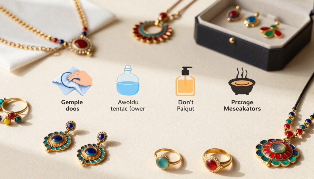 A beautifully arranged flat lay of enamel jewelry care do's and don'ts, focused on colorful Meenakari jewelry pieces elegantly displayed. In the foreground, include an assortment of vibrant earrings, necklaces, and rings made from enamel, showcasing intricate designs. In the middle, depict clear visual representations of common do's, such as gentle cleaning with soft cloth, avoiding contact with water, and proper storage in a jewelry box. Illustrate don'ts using visuals of chemicals, perfume bottles, and heat sources positioned away from the jewelry. The background should feature a soft, neutral color that enhances the jewelry, with natural lighting that creates subtle shadows for depth. The atmosphere should convey a sense of care and luxury, emphasizing the delicate nature of the enamel jewelry.