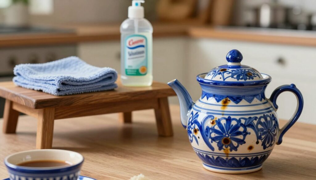 A beautifully arranged scene featuring Jaipur blue pottery, showcasing vibrant blue and white designs marred by stains from tea, coffee, and oil. In the foreground, focus on a piece of pottery with visible stains, illustrating the challenge of maintaining its beauty. In the middle ground, include a small wooden table displaying cleaning supplies, such as a soft cloth and gentle stain remover, hinting at the care process. The background features softly blurred kitchen items, enhancing the domestic atmosphere. Warm, natural lighting illuminates the pottery, creating a welcoming ambiance. The scene evokes a sense of diligence and hope, emphasizing solutions while subtly reminding viewers of the beauty and value of proper care.