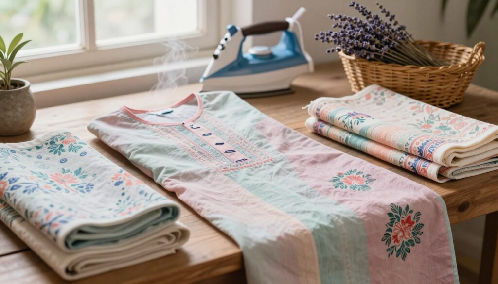 A beautifully arranged scene highlighting the care and storage of soft cotton kurtas featuring Sanganeri block prints. In the foreground, a delicate pastel-hued kurta is elegantly draped over a wooden beam, surrounded by rolled-up cotton fabrics displaying intricate floral motifs. The middle ground captures a cozy workspace with a steaming iron and a wicker basket filled with dried lavender, symbolizing freshness. In the background, soft natural light filters through a nearby window, illuminating the pastel colors and creating a calm, inviting atmosphere. The overall mood conveys a sense of tranquility and attention to detail, ideal for showcasing care tips for vibrant fabrics. Shot with a soft focus lens, the angle emphasizes the textures and patterns of the kurtas, evoking a sense of everyday elegance.