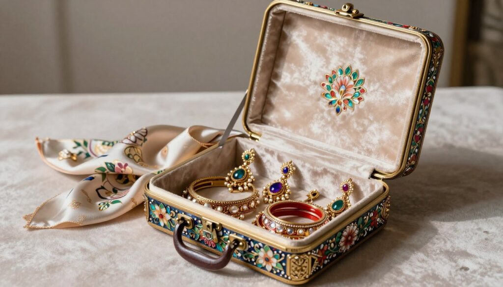 A beautifully crafted Meenakari jewelry travel case, elegantly designed with intricate floral patterns and vibrant enamel colors, set against a soft velvet background. The foreground features the case slightly open, showcasing an array of meticulously arranged Meenakari jewelry, including earrings, necklaces, and bangles, all gleaming under natural light. The middle ground includes a delicate silk scarf wrapped around the case, emphasizing its luxurious feel. In the background, a minimalist setting with muted tones enhances the focus on the travel case, creating a serene and inviting atmosphere. The soft, diffused lighting creates subtle shadows, highlighting the intricate details of the jewelry, giving an overall mood of elegance and care. The angle captures a slight overhead view, allowing for a complete perspective of the travel case and its contents.