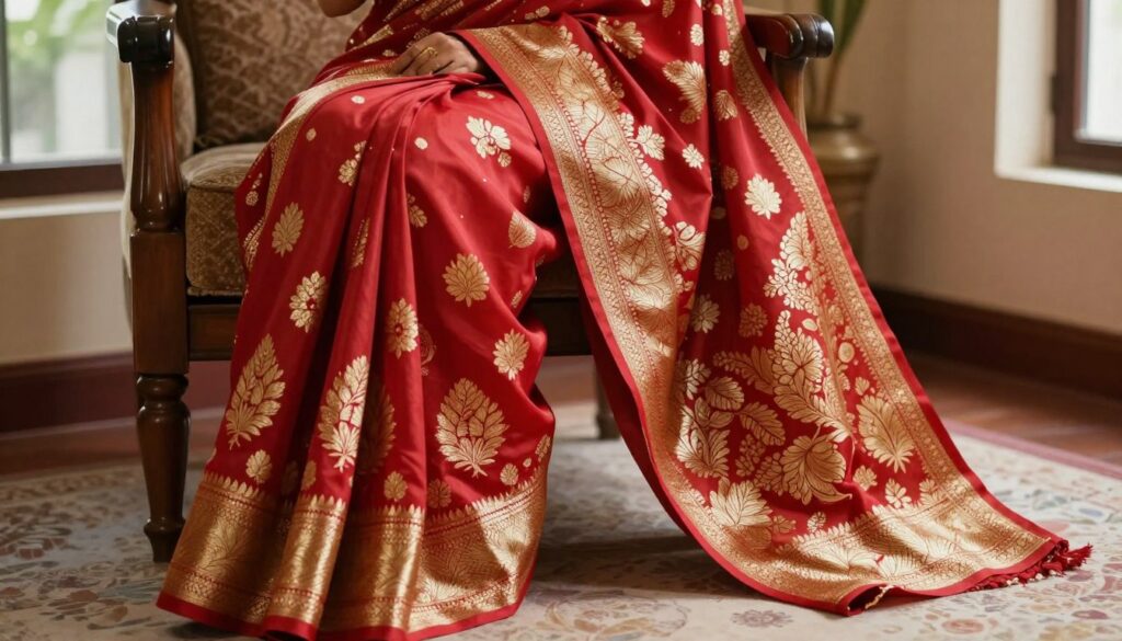 A beautifully draped Banarasi saree showcasing the intricate kadhua weave in rich, lustrous silk. The foreground features delicate motifs woven in gold and vibrant hues of deep red, showcasing traditional floral patterns across the fabric. In the middle ground, the saree gracefully flows over a wooden armchair, the texture capturing the light beautifully with a subtle sheen. Natural daylight filters through a nearby window, illuminating the weave's complexity and enhancing the color depth. The background features a soft, blurred interior setting with warm tones, creating an inviting yet refined atmosphere. The overall mood conveys elegance and tradition, highlighting the unique craftsmanship of kadhua weave in a way that is visually captivating and educational. A beautifully draped Banarasi saree showcasing the intricate kadhua weave in rich, lustrous silk. The foreground features delicate motifs woven in gold and vibrant hues of deep red, showcasing traditional floral patterns across the fabric. In the middle ground, the saree gracefully flows over a wooden armchair, the texture capturing the light beautifully with a subtle sheen. Natural daylight filters through a nearby window, illuminating the weave's complexity and enhancing the color depth. The background features a soft, blurred interior setting with warm tones, creating an inviting yet refined atmosphere. The overall mood conveys elegance and tradition, highlighting the unique craftsmanship of kadhua weave in a way that is visually captivating and educational.