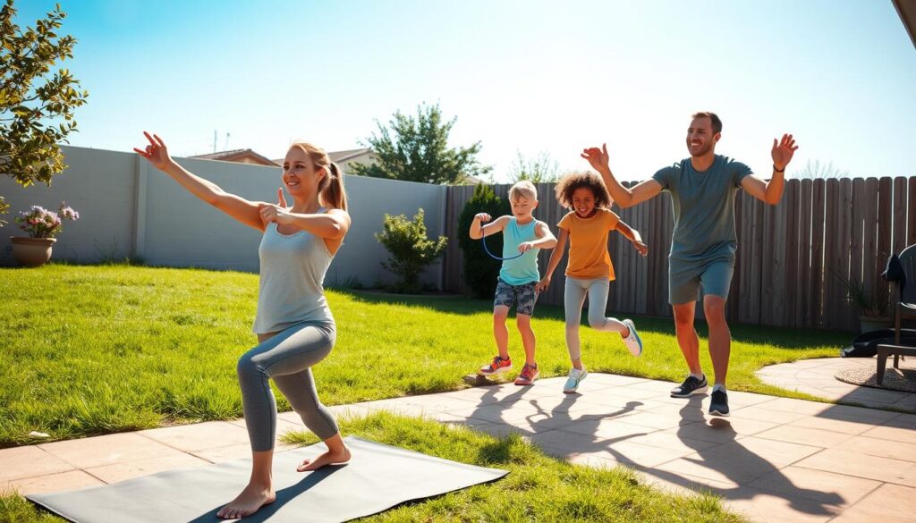 A bright morning scene featuring a diverse family engaging in fitness routines in a sunny backyard. In the foreground, a mother in modest athletic wear is doing yoga poses on a mat, while a father performs gentle stretching beside her, both smiling and focused. In the middle ground, two children, also in casual workout clothing, are jumping rope and playfully competing. The background showcases green grass, a few trees, and a clear blue sky, creating an uplifting atmosphere. The sunlight casts soft shadows, enhancing the vibrant colors of the scene. The overall mood is energetic and encouraging, emphasizing the importance of family bonding and health. The image should have a warm tone, captured with a slight tilt-angle to add depth to the composition. A bright morning scene featuring a diverse family engaging in fitness routines in a sunny backyard. In the foreground, a mother in modest athletic wear is doing yoga poses on a mat, while a father performs gentle stretching beside her, both smiling and focused. In the middle ground, two children, also in casual workout clothing, are jumping rope and playfully competing. The background showcases green grass, a few trees, and a clear blue sky, creating an uplifting atmosphere. The sunlight casts soft shadows, enhancing the vibrant colors of the scene. The overall mood is energetic and encouraging, emphasizing the importance of family bonding and health. The image should have a warm tone, captured with a slight tilt-angle to add depth to the composition.