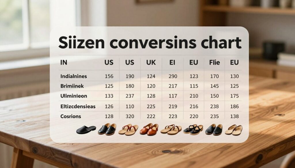 A clear and informative jutti size conversion chart displayed prominently on a clean, well-lit wooden table. The chart features a detailed breakdown of Indian sizes (IN) alongside corresponding US, UK, and EU sizes in a visually appealing layout. Each size is accompanied by illustrations of leather juttis in various styles and colors to enhance understanding. The background is softly blurred to keep focus on the chart, with a warm, inviting atmosphere created by natural daylight streaming in from a nearby window. The image should subtly convey a sense of precision and clarity, making it easy for viewers to comprehend the dimensions, with no text or logos present, ensuring a professional appearance.