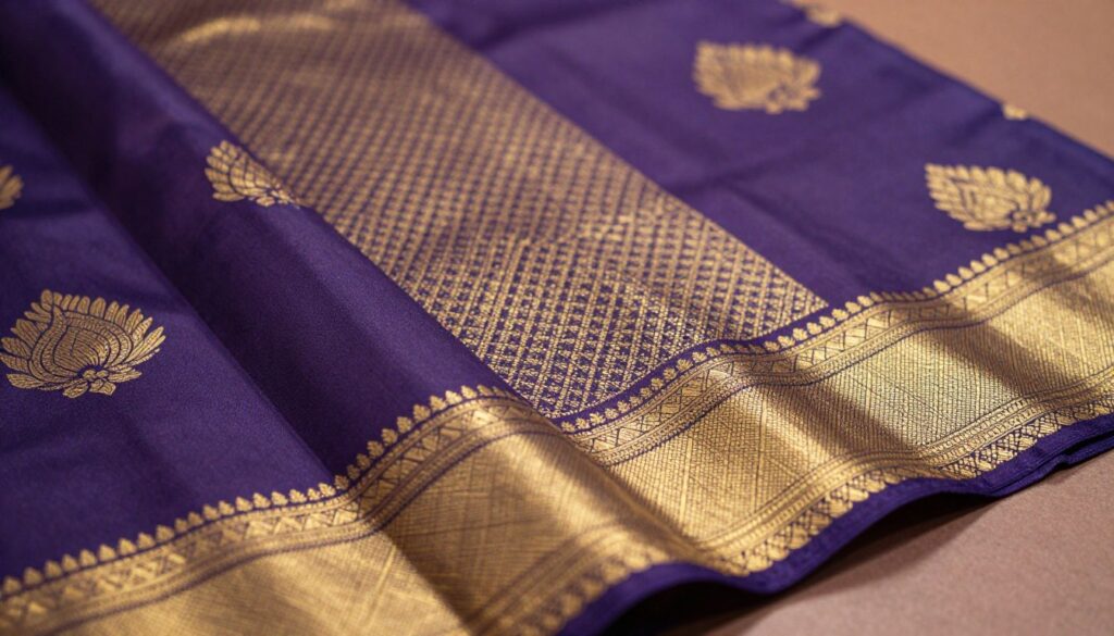 A close-up view of a Kanjivaram saree showcasing intricate motifs that highlight silk purity. The foreground features rich, vibrant zari work in gold and silver, intricately woven into temple designs, geometric checks, and delicate butta patterns. In the middle ground, focus on the texture of the silk fabric, emphasizing its glossy sheen and deep colors. The background is softly blurred to accentuate the saree, with warm, natural lighting casting soft shadows and highlighting the depth of the brocade density. The atmosphere is elegant and sophisticated, evoking the artistry and tradition behind Kanjivaram saree craftsmanship.