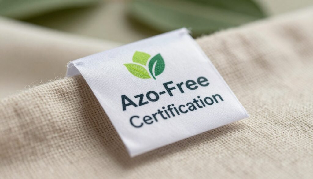 A close-up view of a textile label featuring an "Azo-Free Certification" prominently displayed. The label should be elegantly designed with soft colors, integrating elements that symbolize safety and eco-friendliness, like green leaves or an organic symbol. In the foreground, a portion of textured fabric in natural hues is visible, suggesting the use of natural dyes. The middle layer showcases the certification label attached to the fabric, illuminated by soft, natural lighting to enhance its details. The background is blurred gently, featuring shades of organic tones that evoke a calming, safe ambiance, emphasizing the topic of textile safety. The overall mood is professional and informative, suitable for an article discussing sustainable practices in textiles.