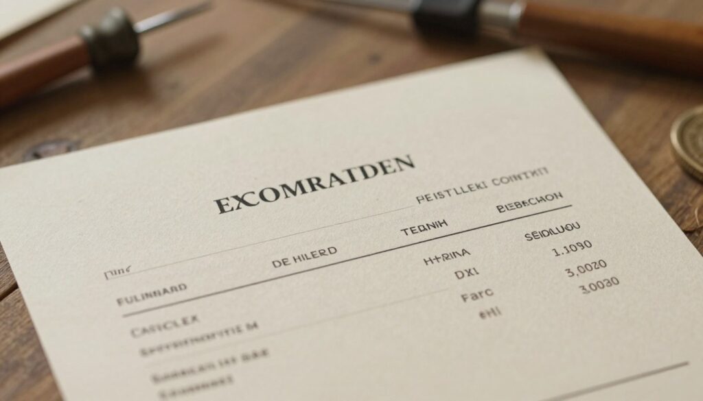 A close-up view of an invoice document reflecting authenticity label details, prominently featuring elements like full craft name, region, artisan or collective information, fiber content, and metal purity. In the foreground, the invoice text is clearly legible, with elegant typography and subtle watermarks. The middle layer displays textured paper with a vintage feel, enhancing the authenticity theme. The background features a softly blurred workshop setting with tools and materials related to artisanal crafting, conveying a sense of heritage and craftsmanship. Warm, natural lighting creates an inviting atmosphere, highlighting the invoice details while casting gentle shadows for depth. The angle captures the document at a slight tilt for an engaging composition. A close-up view of an invoice document reflecting authenticity label details, prominently featuring elements like full craft name, region, artisan or collective information, fiber content, and metal purity. In the foreground, the invoice text is clearly legible, with elegant typography and subtle watermarks. The middle layer displays textured paper with a vintage feel, enhancing the authenticity theme. The background features a softly blurred workshop setting with tools and materials related to artisanal crafting, conveying a sense of heritage and craftsmanship. Warm, natural lighting creates an inviting atmosphere, highlighting the invoice details while casting gentle shadows for depth. The angle captures the document at a slight tilt for an engaging composition.