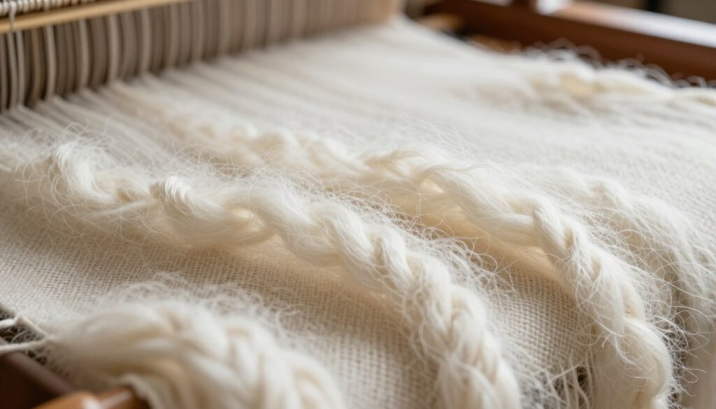 A close-up view of authentic pashmina fibers displaying exceptional fineness and softness, arranged artistically to highlight their delicate qualities. In the foreground, showcase individual strands of pashmina, illuminated by soft natural light to capture their luxurious texture and sheen. The middle layer features a subtle twill weave pattern, emphasizing the craftsmanship and intricate detail of the fabric. In the background, a blurred representation of a traditional loom hints at the artisanal production process. The overall atmosphere is serene and sophisticated, evoking a sense of warmth and elegance. Use a macro lens perspective to accentuate the fiber details, ensuring clarity and vibrancy, with a soft-focus effect that adds depth and a professional touch to the scene. A close-up view of authentic pashmina fibers displaying exceptional fineness and softness, arranged artistically to highlight their delicate qualities. In the foreground, showcase individual strands of pashmina, illuminated by soft natural light to capture their luxurious texture and sheen. The middle layer features a subtle twill weave pattern, emphasizing the craftsmanship and intricate detail of the fabric. In the background, a blurred representation of a traditional loom hints at the artisanal production process. The overall atmosphere is serene and sophisticated, evoking a sense of warmth and elegance. Use a macro lens perspective to accentuate the fiber details, ensuring clarity and vibrancy, with a soft-focus effect that adds depth and a professional touch to the scene.