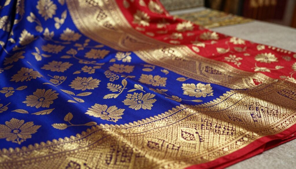 A close-up view of exquisite minakari silk zari Banarasi fabric laid out flat, showcasing intricate floral and geometric patterns in vibrant colors like royal blue, deep red, and gold. The foreground features detailed elements of the zari work, glistening under soft, warm lighting, emphasizing the texture and craftsmanship. In the middle, the silk showcases delicate motifs with hints of gold thread weaving through rich silk, demonstrating the intricate craftsmanship of Banarasi sarees. The background is softly blurred, providing a hint of traditional Indian textiles or a draped saree, adding depth to the scene. The composition exudes elegance and richness, creating an inviting atmosphere that highlights the luxurious nature of authentic Banarasi silk. A close-up view of exquisite minakari silk zari Banarasi fabric laid out flat, showcasing intricate floral and geometric patterns in vibrant colors like royal blue, deep red, and gold. The foreground features detailed elements of the zari work, glistening under soft, warm lighting, emphasizing the texture and craftsmanship. In the middle, the silk showcases delicate motifs with hints of gold thread weaving through rich silk, demonstrating the intricate craftsmanship of Banarasi sarees. The background is softly blurred, providing a hint of traditional Indian textiles or a draped saree, adding depth to the scene. The composition exudes elegance and richness, creating an inviting atmosphere that highlights the luxurious nature of authentic Banarasi silk.
