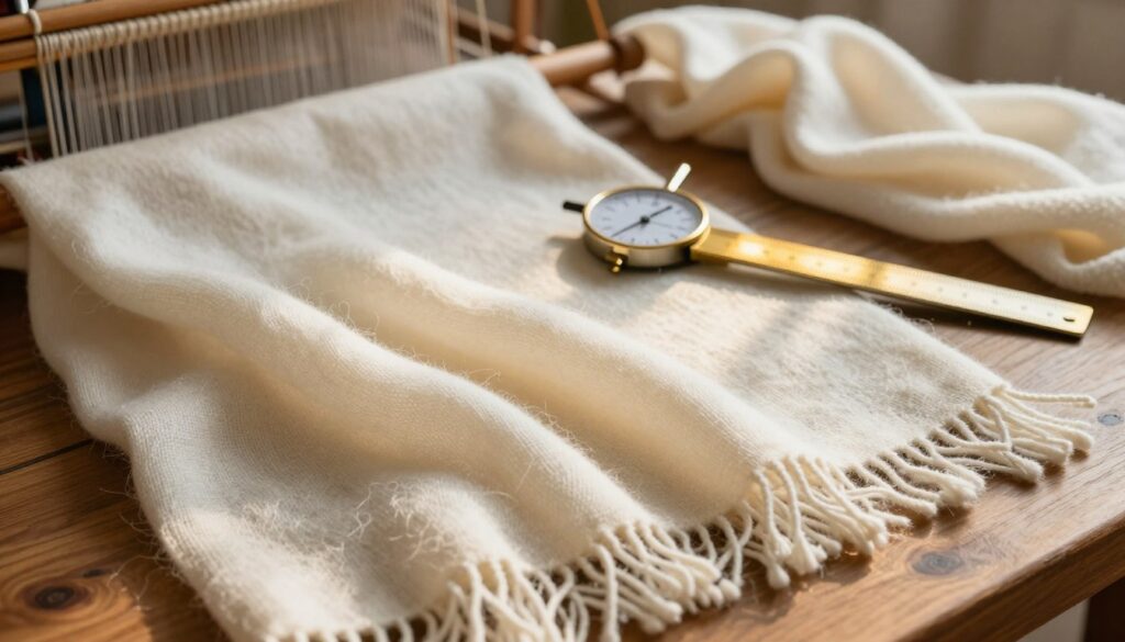 A close-up view of luxurious pashmina fibers, showcasing their micron count fineness, arranged artistically on a wooden table. Foreground features delicate strands of soft, woven pashmina, displaying varying textures and colors in a gradient from cream to deep ivory. In the middle ground, a set of precise measuring tools, like a micron gauge and a ruler, reflect golden sunlight, emphasizing their sharp and refined quality. The background includes blurred images of a traditional loom and pashmina shawls draped elegantly, hinting at the artisan craftsmanship. The atmosphere is warm and inviting, with natural light cascading softly, creating a serene yet sophisticated mood, inviting viewers to appreciate the beauty and intricacy of authentic pashmina fibers.