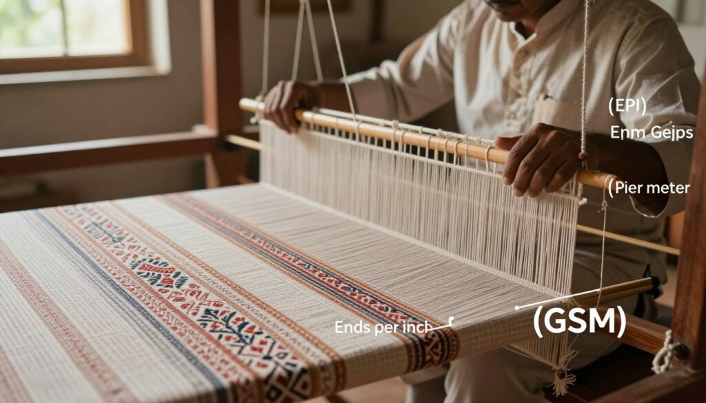 A detailed and informative representation of handloom fabric construction metrics, featuring a close-up of a beautiful, intricately woven handloom fabric. In the foreground, highlight clear and precise metrics indicating ends per inch (EPI) and grams per meter (GSM), visually represented using elegant graphic overlays on the fabric. In the middle ground, showcase a skilled artisan working the handloom, dressed in modest, professional attire, demonstrating the craftsmanship involved. The background should consist of a softly lit workshop with natural light filtering through a window, creating a warm and inviting atmosphere that emphasizes the traditional craft. The overall mood should be educational and inspiring, inviting viewers to appreciate the complexity of fabric specifications.