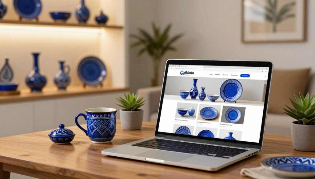 A detailed and inviting scene of an online shopping guide for blue pottery from Jaipur, India. In the foreground, a laptop displaying a beautifully designed website selling blue pottery items, such as bowls, vases, and plates, is open on a wooden table. Next to the laptop, a charming blue pottery mug and decorative elements like a small potted plant add warmth. In the middle ground, softly illuminated artisan-crafted blue pottery pieces are showcased on a well-arranged display or shelf, highlighting their intricate designs. In the background, a cozy, modern living space with hints of Indian decor creates a welcoming atmosphere. The lighting is warm and inviting, enhancing the colors of the pottery. The overall mood is friendly and professional, perfect for online shopping advice without any text or branding. A detailed and inviting scene of an online shopping guide for blue pottery from Jaipur, India. In the foreground, a laptop displaying a beautifully designed website selling blue pottery items, such as bowls, vases, and plates, is open on a wooden table. Next to the laptop, a charming blue pottery mug and decorative elements like a small potted plant add warmth. In the middle ground, softly illuminated artisan-crafted blue pottery pieces are showcased on a well-arranged display or shelf, highlighting their intricate designs. In the background, a cozy, modern living space with hints of Indian decor creates a welcoming atmosphere. The lighting is warm and inviting, enhancing the colors of the pottery. The overall mood is friendly and professional, perfect for online shopping advice without any text or branding.