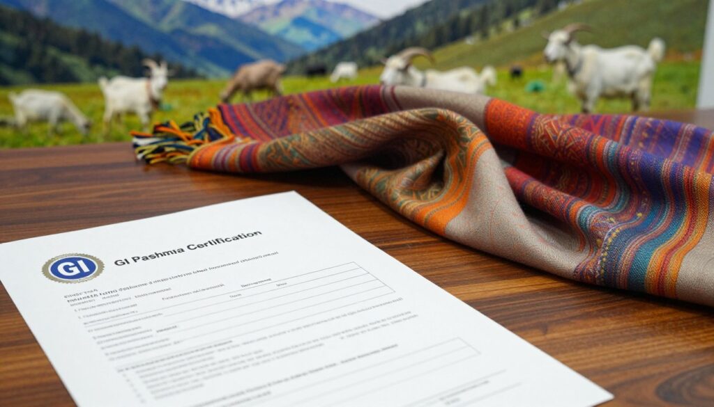 A detailed certification lab report showcasing "GI Pashmina Certification" on a polished wooden desk. The foreground features a close-up of the lab report, highlighting its meticulous print quality with a "GI" seal prominently displayed. In the middle, an elegant pashmina shawl in rich colors drapes over a soft fabric backdrop, symbolizing authenticity. In the background, blurred images of a serene pashmina goats grazing on lush mountains, representing the source of the fiber. Soft, natural lighting highlights the textures of the report and shawl, evoking a sense of trust and craftsmanship. The atmosphere is calm and professional, with a focus on authenticity and quality. The angle captures both the report and fabric artfully, blending them into a cohesive visual narrative on certification.