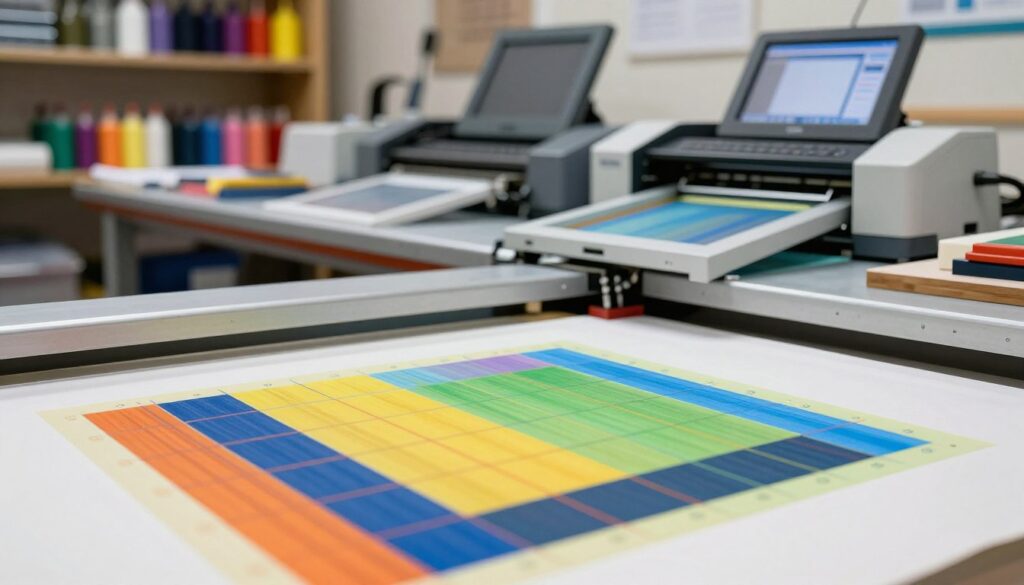 A detailed close-up of fabric printing process registration marks, showcasing the precision and intricacy involved in various printing techniques. In the foreground, a vibrant piece of textile with aligned registration marks, highlighting color layers and precise alignment. The middle layer features a printing table with tools like screens, blocks, and digital printers, demonstrating block printing, screen printing, rotary, and digital processes. The background includes shelves stocked with colorful inks and fabric rolls, creating a lively studio atmosphere. Soft, diffused lighting illuminates the scene, enhancing the textures of the fabric and tools. The overall mood is professional and industrious, capturing the essence of textile printing and the craftsmanship involved. A detailed close-up of fabric printing process registration marks, showcasing the precision and intricacy involved in various printing techniques. In the foreground, a vibrant piece of textile with aligned registration marks, highlighting color layers and precise alignment. The middle layer features a printing table with tools like screens, blocks, and digital printers, demonstrating block printing, screen printing, rotary, and digital processes. The background includes shelves stocked with colorful inks and fabric rolls, creating a lively studio atmosphere. Soft, diffused lighting illuminates the scene, enhancing the textures of the fabric and tools. The overall mood is professional and industrious, capturing the essence of textile printing and the craftsmanship involved.