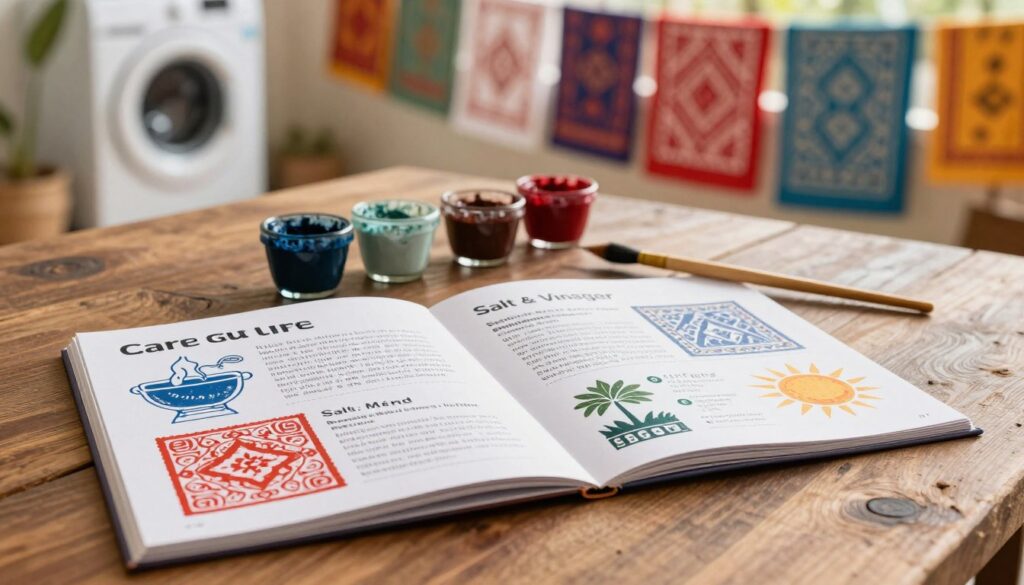 A detailed hand block print care guide laid out on a textured wooden table. In the foreground, a beautifully illustrated care guide open to pages displaying tips on washing, myth-busting salt and vinegar use, and sun fade prevention—each section highlighted with traditional Sanganeri and Bagru designs. In the middle, a delicate assortment of natural dyes in small glass containers, with a small brush resting nearby, symbolizing traditional dye application techniques. In the background, slightly blurred, a sunlit wash area with colorful fabrics hanging to dry, evoking an atmosphere of craftsmanship and tradition. Soft, warm lighting enhances the vibrant colors, creating a welcoming and informative mood. The composition suggests a blend of artistry and practicality, inviting viewers to engage with the care techniques for cherished block prints. A detailed hand block print care guide laid out on a textured wooden table. In the foreground, a beautifully illustrated care guide open to pages displaying tips on washing, myth-busting salt and vinegar use, and sun fade prevention—each section highlighted with traditional Sanganeri and Bagru designs. In the middle, a delicate assortment of natural dyes in small glass containers, with a small brush resting nearby, symbolizing traditional dye application techniques. In the background, slightly blurred, a sunlit wash area with colorful fabrics hanging to dry, evoking an atmosphere of craftsmanship and tradition. Soft, warm lighting enhances the vibrant colors, creating a welcoming and informative mood. The composition suggests a blend of artistry and practicality, inviting viewers to engage with the care techniques for cherished block prints.