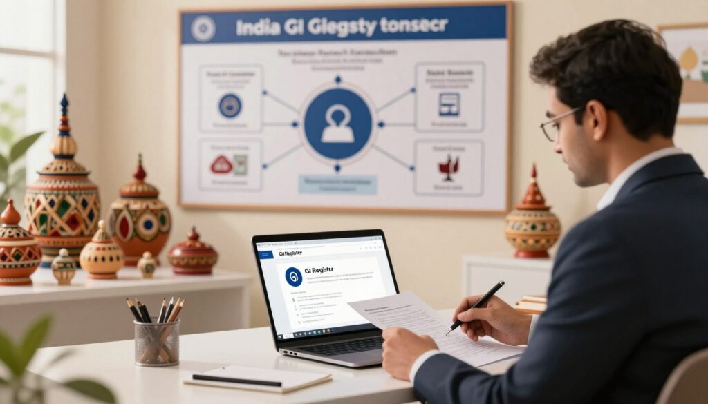 A detailed illustration depicting the steps to verify GI tags in India, focusing on the India GI Registry, state boards, and craft councils. In the foreground, a well-dressed professional is seated at a modern desk, analyzing paperwork and a laptop with the GI Registry website open. In the middle ground, intricately designed artifacts and traditional crafts are displayed, symbolizing regional craftsmanship. The background features a large, informative poster depicting the verification process with flowcharts and icons, subtly emphasized with a warm, inviting light. The atmosphere conveys a sense of professionalism and diligence, ideal for a step-by-step guide on provenance verification. Shot with a soft focus lens to create a streamlined look and highlight key elements. A detailed illustration depicting the steps to verify GI tags in India, focusing on the India GI Registry, state boards, and craft councils. In the foreground, a well-dressed professional is seated at a modern desk, analyzing paperwork and a laptop with the GI Registry website open. In the middle ground, intricately designed artifacts and traditional crafts are displayed, symbolizing regional craftsmanship. The background features a large, informative poster depicting the verification process with flowcharts and icons, subtly emphasized with a warm, inviting light. The atmosphere conveys a sense of professionalism and diligence, ideal for a step-by-step guide on provenance verification. Shot with a soft focus lens to create a streamlined look and highlight key elements.