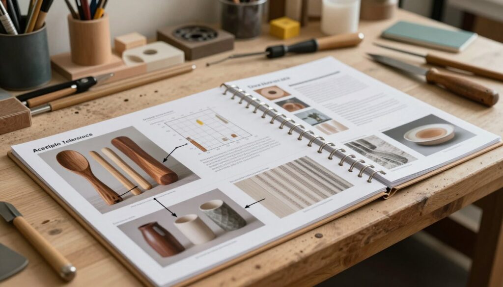A detailed quality tolerance guide laid out on a sturdy workbench, showcasing various acceptable tolerances and true defects in handcrafted products. In the foreground, high-resolution photographs of both acceptable variations and true defects are pinned on a board, with precise arrows pointing to key features. The middle section features an open binder displaying charts and diagrams illustrating tolerance levels in various materials—wood, ceramics, and textiles—with different textures and finishes. The background is a softly lit workshop, filled with tools and materials, creating an ambiance of craftsmanship and attention to detail. Soft, diffused lighting enhances the focus on the guide while casting gentle shadows, evoking a mood of professionalism and dedication to quality control. The angle is slightly elevated, capturing the entire scene while ensuring clarity of all elements. A detailed quality tolerance guide laid out on a sturdy workbench, showcasing various acceptable tolerances and true defects in handcrafted products. In the foreground, high-resolution photographs of both acceptable variations and true defects are pinned on a board, with precise arrows pointing to key features. The middle section features an open binder displaying charts and diagrams illustrating tolerance levels in various materials—wood, ceramics, and textiles—with different textures and finishes. The background is a softly lit workshop, filled with tools and materials, creating an ambiance of craftsmanship and attention to detail. Soft, diffused lighting enhances the focus on the guide while casting gentle shadows, evoking a mood of professionalism and dedication to quality control. The angle is slightly elevated, capturing the entire scene while ensuring clarity of all elements.