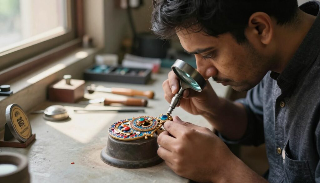 A detailed scene showcasing a jeweler verifying the authenticity of Meenakari jewelry. In the foreground, a skilled artisan, dressed in smart casual attire, is closely inspecting a beautifully crafted Meenakari piece under a magnifying glass. The jewelry features vivid colors and intricate patterns typical of traditional enamel work. In the middle ground, a sturdy workbench is visible with tools scattered around, including a BIS hallmark and a finish inspection tool, emphasizing the authenticity verification process. The background includes a softly lit workshop with natural light coming through a window, casting warm glows and gentle shadows, creating a calm and professional atmosphere. The focus is sharp on the jewelry and tools, with a slight bokeh effect on the background, enhancing the subject's importance. A detailed scene showcasing a jeweler verifying the authenticity of Meenakari jewelry. In the foreground, a skilled artisan, dressed in smart casual attire, is closely inspecting a beautifully crafted Meenakari piece under a magnifying glass. The jewelry features vivid colors and intricate patterns typical of traditional enamel work. In the middle ground, a sturdy workbench is visible with tools scattered around, including a BIS hallmark and a finish inspection tool, emphasizing the authenticity verification process. The background includes a softly lit workshop with natural light coming through a window, casting warm glows and gentle shadows, creating a calm and professional atmosphere. The focus is sharp on the jewelry and tools, with a slight bokeh effect on the background, enhancing the subject's importance.