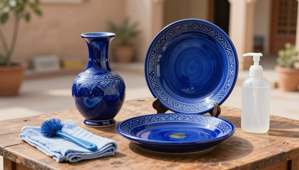 A detailed still life composition showcasing Jaipur blue pottery care and cleaning. In the foreground, a pair of beautiful blue pottery items—one a decorative vase, the other a traditional plate—are positioned on a rustic wooden table. Gleaming cleaning tools like soft cloths and a gentle cleaning solution bottle are artistically arranged beside them. In the middle ground, there's a subtle hint of stain removal techniques, exemplified by a few stains slightly visible on the plate, showcasing the before-and-after effect of proper cleaning. The background features a soft-focus outdoor scene with hints of a traditional Rajasthani courtyard, providing an authentic context. The lighting is warm and natural, simulating daylight, casting soft shadows to enhance the ceramic textures and colors. Overall, the mood is serene and inviting, embodying a passion for maintaining artistry. A detailed still life composition showcasing Jaipur blue pottery care and cleaning. In the foreground, a pair of beautiful blue pottery items—one a decorative vase, the other a traditional plate—are positioned on a rustic wooden table. Gleaming cleaning tools like soft cloths and a gentle cleaning solution bottle are artistically arranged beside them. In the middle ground, there's a subtle hint of stain removal techniques, exemplified by a few stains slightly visible on the plate, showcasing the before-and-after effect of proper cleaning. The background features a soft-focus outdoor scene with hints of a traditional Rajasthani courtyard, providing an authentic context. The lighting is warm and natural, simulating daylight, casting soft shadows to enhance the ceramic textures and colors. Overall, the mood is serene and inviting, embodying a passion for maintaining artistry.