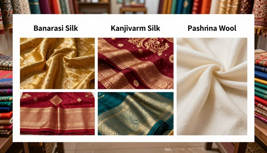 A detailed textile comparison matrix featuring three distinct fabrics: Banarasi silk, Kanjivaram silk, and Pashmina wool. In the foreground, showcase a well-organized matrix layout that highlights the unique characteristics of each textile, with swatches of the fabrics placed side by side. The middle section should feature a close-up of the intricate weaves and patterns of each fabric, focusing on the luxurious sheen of Banarasi, the rich colors of Kanjivaram, and the softness of Pashmina. The background should have a soft-focus textile workshop environment, evoking a rich cultural atmosphere. Use warm, natural lighting to emphasize the texture and depth of the fabrics, with a slight overhead angle to capture all details effectively. The overall mood should be educational and informative, inviting viewers to appreciate the beauty and craftsmanship of these textiles. A detailed textile comparison matrix featuring three distinct fabrics: Banarasi silk, Kanjivaram silk, and Pashmina wool. In the foreground, showcase a well-organized matrix layout that highlights the unique characteristics of each textile, with swatches of the fabrics placed side by side. The middle section should feature a close-up of the intricate weaves and patterns of each fabric, focusing on the luxurious sheen of Banarasi, the rich colors of Kanjivaram, and the softness of Pashmina. The background should have a soft-focus textile workshop environment, evoking a rich cultural atmosphere. Use warm, natural lighting to emphasize the texture and depth of the fabrics, with a slight overhead angle to capture all details effectively. The overall mood should be educational and informative, inviting viewers to appreciate the beauty and craftsmanship of these textiles.