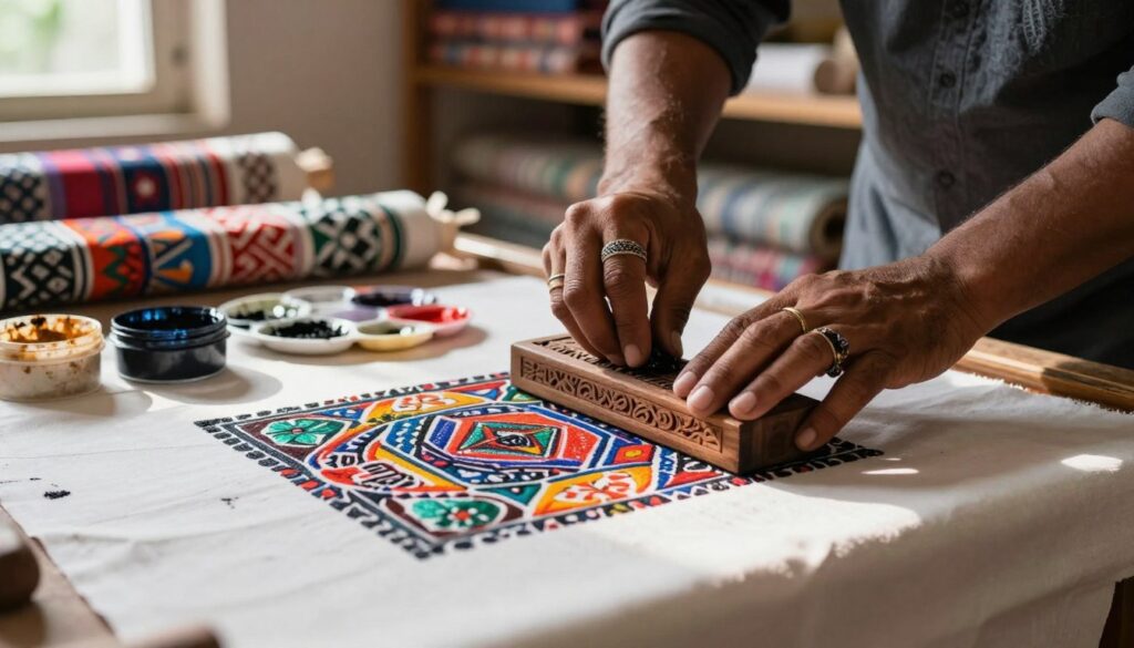 A focused close-up of a skilled artisan's hands meticulously hand block printing on fabric, showcasing intricate patterns and vibrant colors. The foreground features a wooden block with detailed carvings, ink-stained fabric, and a palette of natural dyes in small containers. In the middle, the artisan's hands, adorned with traditional rings, apply the block to the fabric, emphasizing the finesse of handwork. The background includes soft-focus shelves filled with rolls of printed textiles, hinting at the craft's depth. Natural sunlight streams in from a nearby window, casting gentle shadows and enhancing the textures. The mood is warm and inviting, celebrating the authenticity and artistry of traditional block printing techniques while contrasting against modern screen prints. A focused close-up of a skilled artisan's hands meticulously hand block printing on fabric, showcasing intricate patterns and vibrant colors. The foreground features a wooden block with detailed carvings, ink-stained fabric, and a palette of natural dyes in small containers. In the middle, the artisan's hands, adorned with traditional rings, apply the block to the fabric, emphasizing the finesse of handwork. The background includes soft-focus shelves filled with rolls of printed textiles, hinting at the craft's depth. Natural sunlight streams in from a nearby window, casting gentle shadows and enhancing the textures. The mood is warm and inviting, celebrating the authenticity and artistry of traditional block printing techniques while contrasting against modern screen prints.