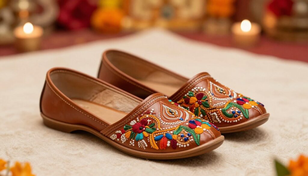 A pair of beautifully crafted leather juttis designed for wide feet comfort, elegantly showcased in the foreground. The juttis feature intricate traditional Indian embroidery, showcasing vibrant colors and patterns that reflect a festive spirit. The middle layer presents a soft textile backdrop that complements the shoes, suggesting a cozy and inviting atmosphere. In the background, a blurred depiction of a warm and welcoming Indian festival setting, with subtle lights and decorations, evokes feelings of celebration. The lighting is soft and warm, enhancing the textures of the leather and embroidery, creating a professional yet casual mood. The angle captures the juttis from a slightly elevated perspective to emphasize their design and comfort features, perfect for both festive occasions and all-day office wear.