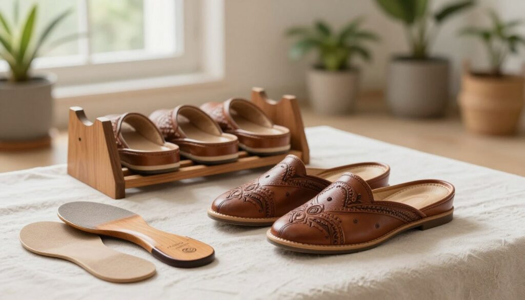 A serene, well-lit room featuring a pair of intricately designed leather juttis placed elegantly on a soft, light-colored cloth. In the foreground, display a personalized wooden shoehorn and a subtle assortment of insoles designed for comfort, hinting at long-term care. In the middle, showcase a stylish wooden shoe rack holding multiple pairs of juttis, illustrating the concept of rotation. The background should have a cozy ambiance, with potted plants and natural light streaming through a window, reflecting a tranquil atmosphere. Use a soft focus to highlight the juttis while maintaining clarity in surrounding elements. The overall mood should convey a sense of care and elegance, emphasizing longevity and comfort in footwear.