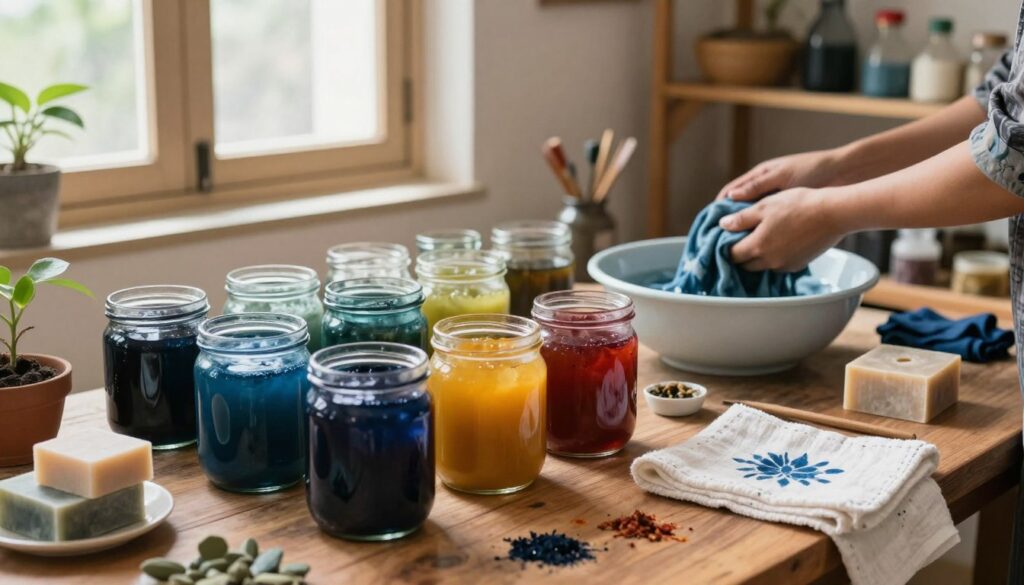 A serene workspace dedicated to natural dye care. In the foreground, showcase a beautifully arranged collection of vibrant, natural dye shades in glass jars, with a variety of fabric swatches dipped in each color. Include a wooden workbench scattered with eco-friendly soap, a gentle washcloth, and stains being treated with natural ingredients. In the middle ground, portray a soft light filtering through a window, illuminating a hand gently rinsing a dyed fabric in a bowl of water. In the background, shelves neatly display tools for dyeing and care, and a small plant adds a touch of nature. The atmosphere should feel warm, inviting, and focused, highlighting the craft of maintaining the beauty of Bagru block prints. A serene workspace dedicated to natural dye care. In the foreground, showcase a beautifully arranged collection of vibrant, natural dye shades in glass jars, with a variety of fabric swatches dipped in each color. Include a wooden workbench scattered with eco-friendly soap, a gentle washcloth, and stains being treated with natural ingredients. In the middle ground, portray a soft light filtering through a window, illuminating a hand gently rinsing a dyed fabric in a bowl of water. In the background, shelves neatly display tools for dyeing and care, and a small plant adds a touch of nature. The atmosphere should feel warm, inviting, and focused, highlighting the craft of maintaining the beauty of Bagru block prints.