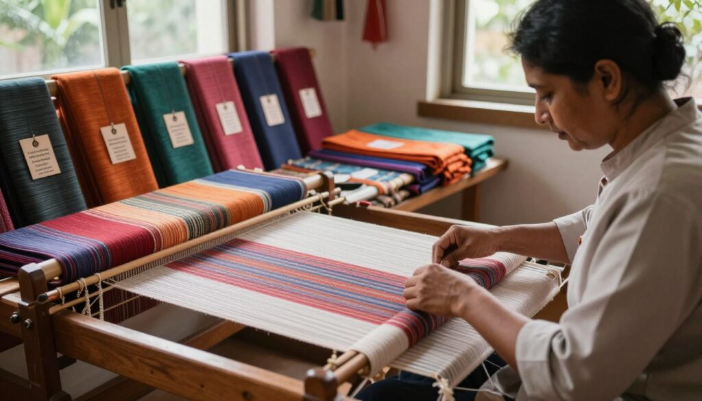A serene workspace featuring a skilled artisan weaving a colorful handloom fabric. In the foreground, the artisan, dressed in professional attire, focuses on their intricate work, showcasing the manual craftsmanship involved. The middle ground displays a vibrant array of finished handloom products, each tagged with authenticity guarantee labels. In the background, soft natural light filters through large windows, casting gentle shadows and highlighting the textures of the fabric and wooden loom. The overall atmosphere is warm and inviting, evoking a sense of trust and quality. The scene captures the essence of handloom authenticity, emphasizing the dedication to repairs and return terms, portrayed through a refined and aesthetic composition.