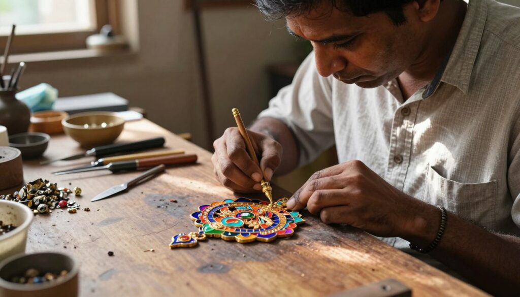 A skilled Jaipur jewelry artisan, wearing modest casual clothing, crafts intricate Meenakari jewelry with vibrant enamel on a wooden workbench. The foreground captures detailed hands delicately applying layers of colorful enamel to a beautifully designed gold piece, showcasing conflict-free metals. In the middle ground, tools and recycled materials are neatly arranged, emphasizing ethical sourcing and fair pay. The background features an open workshop with sunlight streaming through, illuminating the artisan's concentrated expression and the charm of traditional craftsmanship. Warm, natural lighting enhances the vibrant colors of the jewelry while creating a serene and inspiring atmosphere, reflecting dedication to ethical artisan practices. A skilled Jaipur jewelry artisan, wearing modest casual clothing, crafts intricate Meenakari jewelry with vibrant enamel on a wooden workbench. The foreground captures detailed hands delicately applying layers of colorful enamel to a beautifully designed gold piece, showcasing conflict-free metals. In the middle ground, tools and recycled materials are neatly arranged, emphasizing ethical sourcing and fair pay. The background features an open workshop with sunlight streaming through, illuminating the artisan's concentrated expression and the charm of traditional craftsmanship. Warm, natural lighting enhances the vibrant colors of the jewelry while creating a serene and inspiring atmosphere, reflecting dedication to ethical artisan practices.