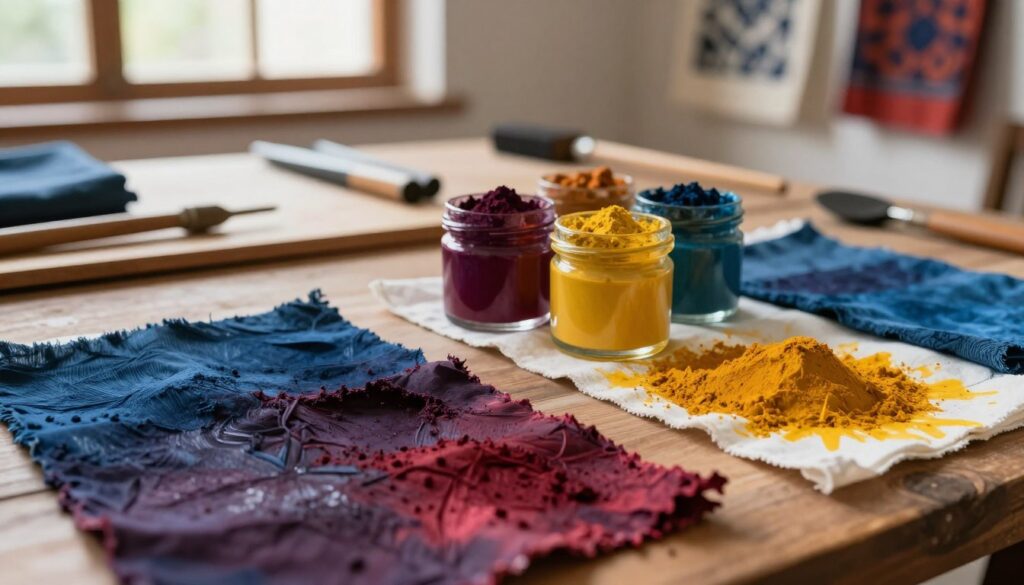 A split composition showcasing the contrast between natural dye and pigment. In the foreground, a palette of vibrant natural dyes, such as indigo, beetroot, and turmeric, with rich, textured fabric swatches immersed in these colors, emphasizing absorption and handfeel. Next to it, vivid and smooth pigment powders in small glass jars, alongside fabric samples dyed with synthetic pigments, highlighting their polished sheen. In the middle ground, an artisan setting with wooden tables and tools, soft warm lighting filtering through a window, creating an inviting atmosphere. The background should have subtle hints of textiles hanging, depicting various printed designs. Use a close-up angle to capture the textures and details, enhancing the mood of craftsmanship and creativity while maintaining a professional feel. A split composition showcasing the contrast between natural dye and pigment. In the foreground, a palette of vibrant natural dyes, such as indigo, beetroot, and turmeric, with rich, textured fabric swatches immersed in these colors, emphasizing absorption and handfeel. Next to it, vivid and smooth pigment powders in small glass jars, alongside fabric samples dyed with synthetic pigments, highlighting their polished sheen. In the middle ground, an artisan setting with wooden tables and tools, soft warm lighting filtering through a window, creating an inviting atmosphere. The background should have subtle hints of textiles hanging, depicting various printed designs. Use a close-up angle to capture the textures and details, enhancing the mood of craftsmanship and creativity while maintaining a professional feel.