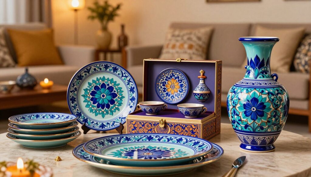 A vibrant display of globally shipped blue pottery from Jaipur, elegantly arranged in a stylish setting. In the foreground, a beautifully handcrafted hand-painted blue pottery vase stands tall, adorned with intricate floral patterns and vibrant hues of blue and turquoise. Beside it, a set of matching plates glimmers softly. In the middle ground, a selection of ornate gift sets is beautifully presented, showcasing the rich craftsmanship and cultural heritage of Jaipur pottery. The background features a cozy living room with warm, ambient lighting, enhancing the inviting atmosphere. The scene is captured from a slightly elevated angle, with a shallow depth of field to focus on the pottery. The overall mood is festive and warm, perfect for the Diwali and housewarming occasions.