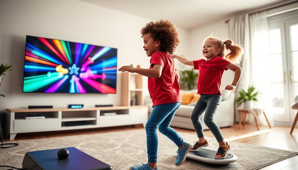 A vibrant living room scene showcasing children engaging in active screen alternatives fitness video games. In the foreground, two kids of diverse backgrounds, one wearing a blue t-shirt and the other in a red shirt, are energetically jumping and laughing while participating in an interactive game that features colorful motion graphics displayed on a large screen. In the middle ground, a modern gaming console with fitness equipment like resistance bands and balance boards can be seen. The background features a cozy home environment with bright, natural lighting filtering through a window, creating an inviting and cheerful atmosphere. The camera angle is slightly elevated, providing a dynamic view of the children in action, capturing their facial expressions filled with joy and excitement. Overall, the mood conveys fun, movement, and the positive energy of integrating physical activity with technology.