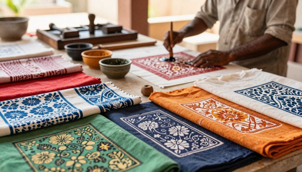 A vibrant scene showcasing Sanganeri and Bagru block prints on various fabric bases, emphasizing their seasonal motifs. In the foreground, display a selection of richly colored cotton fabrics featuring intricate floral and geometric block prints, highlighting the detailed textures. The middle ground should include a craftsman skillfully applying dye to fabric, surrounded by natural dyes in earthy tones. In the background, a sunny, open workshop with traditional hand-block printing tools, bathed in warm, soft daylight. Capture a warm, inviting atmosphere that reflects craftsmanship and cultural heritage. Use a shallow depth of field to focus on the fabrics and craftsman, blurring the background slightly for a gentle perspective effect. The overall mood is vibrant, artistic, and grounded in tradition. A vibrant scene showcasing Sanganeri and Bagru block prints on various fabric bases, emphasizing their seasonal motifs. In the foreground, display a selection of richly colored cotton fabrics featuring intricate floral and geometric block prints, highlighting the detailed textures. The middle ground should include a craftsman skillfully applying dye to fabric, surrounded by natural dyes in earthy tones. In the background, a sunny, open workshop with traditional hand-block printing tools, bathed in warm, soft daylight. Capture a warm, inviting atmosphere that reflects craftsmanship and cultural heritage. Use a shallow depth of field to focus on the fabrics and craftsman, blurring the background slightly for a gentle perspective effect. The overall mood is vibrant, artistic, and grounded in tradition.
