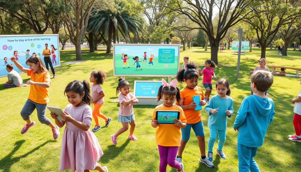 A vibrant scene showcasing children engaging with various educational movement apps and games. In the foreground, a diverse group of kids, wearing colorful, modest athletic clothing, are joyfully interacting with tablets and smartphones while performing physical exercises like jumping, stretching, and dancing. The middle ground features digital displays projecting fun, animated educational content, illustrating how to stay active while learning. In the background, a sunny park setting with lush green grass and trees creates a lively atmosphere, where families are seen enjoying outdoor activities. Soft, natural lighting enhances the cheerful mood, while a slight aerial angle captures the dynamic interaction and energy of the children as they balance technology with physical activity.