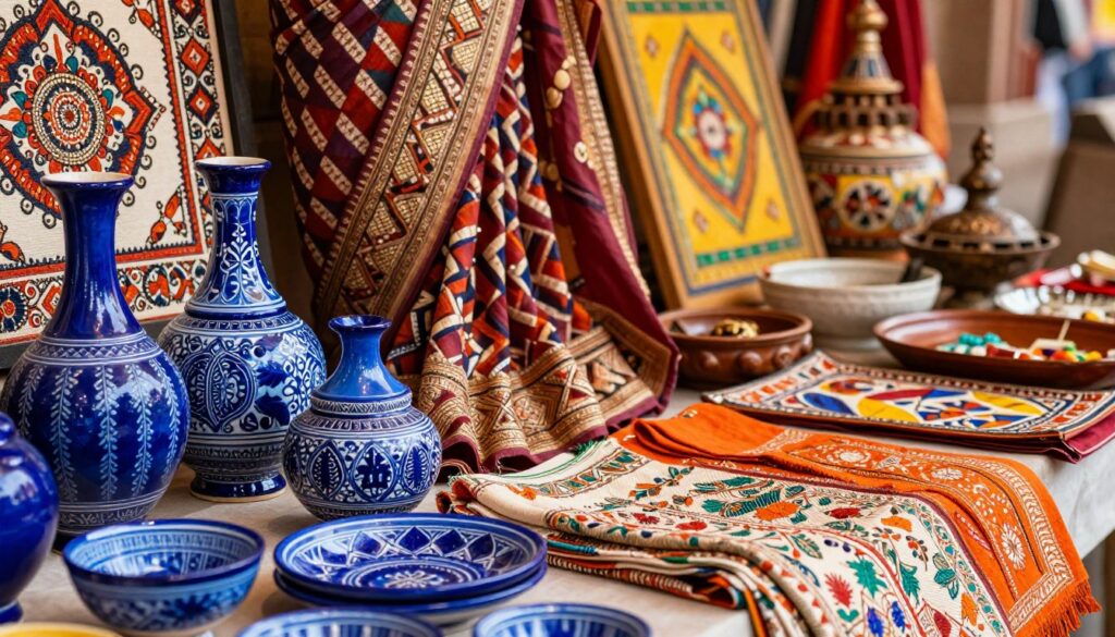 A vibrant showcase of traditional Indian crafts featured prominently in a stylish layout. In the foreground, a colorful display of Rajasthani Blue Pottery, showcasing intricate patterns and vivid blues, alongside delicately woven Kota Doria fabric. In the middle ground, examples of Gujarat's exquisite Patola sarees, characterized by their rich colors and geometric designs, and a glimpse of the unique Rogan Art with its vivid colors on canvas. The background lightly features elements of West Bengal crafts, including elegant Kantha embroidery and wooden handicrafts. The scene is bathed in warm, natural lighting, evoking an inviting atmosphere. Use a shallow depth of field to emphasize the crafts while softly blurring the background. The angle should be slightly elevated, capturing a dynamic perspective that draws the viewer in. A vibrant showcase of traditional Indian crafts featured prominently in a stylish layout. In the foreground, a colorful display of Rajasthani Blue Pottery, showcasing intricate patterns and vivid blues, alongside delicately woven Kota Doria fabric. In the middle ground, examples of Gujarat's exquisite Patola sarees, characterized by their rich colors and geometric designs, and a glimpse of the unique Rogan Art with its vivid colors on canvas. The background lightly features elements of West Bengal crafts, including elegant Kantha embroidery and wooden handicrafts. The scene is bathed in warm, natural lighting, evoking an inviting atmosphere. Use a shallow depth of field to emphasize the crafts while softly blurring the background. The angle should be slightly elevated, capturing a dynamic perspective that draws the viewer in.