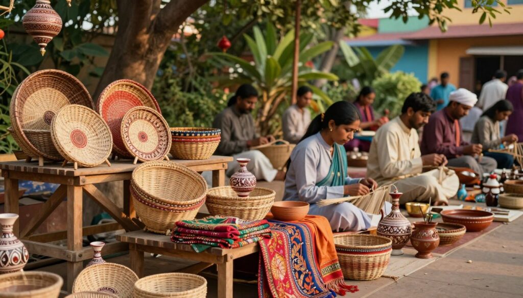 A vintage-inspired market scene showcasing a diverse array of Indian GI-tagged handicrafts from various states. In the foreground, intricately woven baskets and vibrant textiles are displayed on handcrafted wooden stalls, accented by delicate pottery and painted artifacts. The middle ground features artisans in professional attire, skillfully working on their crafts, illustrating the traditional techniques used to create each piece. In the background, lush greenery and colorful buildings hint at the rich cultural heritage of India. The lighting is soft and warm, reminiscent of late afternoon sunlight, casting gentle shadows to enhance the textures of the crafts. The overall atmosphere is inviting and educational, reflecting the artistry and value of GI-tagged handicrafts. A vintage-inspired market scene showcasing a diverse array of Indian GI-tagged handicrafts from various states. In the foreground, intricately woven baskets and vibrant textiles are displayed on handcrafted wooden stalls, accented by delicate pottery and painted artifacts. The middle ground features artisans in professional attire, skillfully working on their crafts, illustrating the traditional techniques used to create each piece. In the background, lush greenery and colorful buildings hint at the rich cultural heritage of India. The lighting is soft and warm, reminiscent of late afternoon sunlight, casting gentle shadows to enhance the textures of the crafts. The overall atmosphere is inviting and educational, reflecting the artistry and value of GI-tagged handicrafts.