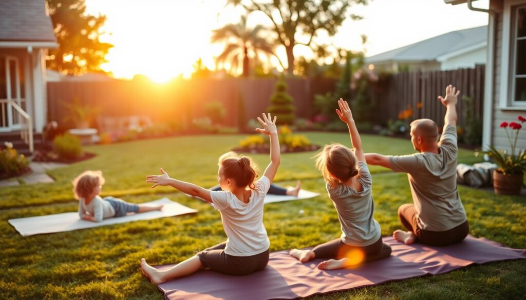 A warm and inviting scene of a family engaging in evening wind-down exercises in a cozy backyard. In the foreground, a family of four is stretched out on yoga mats, showcasing a variety of exercises: the parents are doing simple stretches while the kids practice yoga poses with playful enthusiasm. The middle ground features a well-kept garden, with soft green grass and colorful flower beds, reflecting a serene atmosphere. In the background, the sun dips low on the horizon, casting a golden glow and long shadows, enhancing the peaceful mood. The image has a soft focus with natural lighting, highlighting the warmth of the evening. The family is dressed in comfortable, modest casual clothing, portraying a sense of togetherness and relaxation. A warm and inviting scene of a family engaging in evening wind-down exercises in a cozy backyard. In the foreground, a family of four is stretched out on yoga mats, showcasing a variety of exercises: the parents are doing simple stretches while the kids practice yoga poses with playful enthusiasm. The middle ground features a well-kept garden, with soft green grass and colorful flower beds, reflecting a serene atmosphere. In the background, the sun dips low on the horizon, casting a golden glow and long shadows, enhancing the peaceful mood. The image has a soft focus with natural lighting, highlighting the warmth of the evening. The family is dressed in comfortable, modest casual clothing, portraying a sense of togetherness and relaxation.