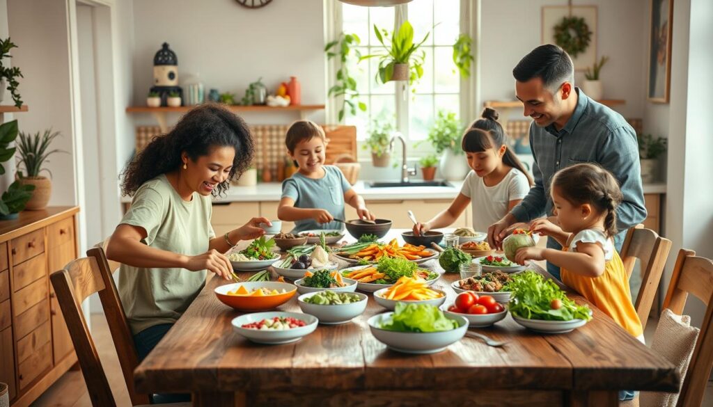 A warm, inviting dining room during a mindful family meal. In the foreground, a diverse family of four—two parents and two children—are joyfully engaged in a vibrant meal preparation, using fresh ingredients on a rustic wooden table. The parents, dressed in modest casual clothing, are smiling and interacting with their children, who are playfully arranging a colorful salad. In the middle, the table is beautifully set with dishes and bowls of healthy food, surrounded by soft, natural light filtering through a window adorned with green plants. In the background, a cozy kitchen with tasteful decor suggests comfort and wellness. The overall atmosphere conveys warmth, connection, and a sense of togetherness, promoting a peaceful and nurturing environment.