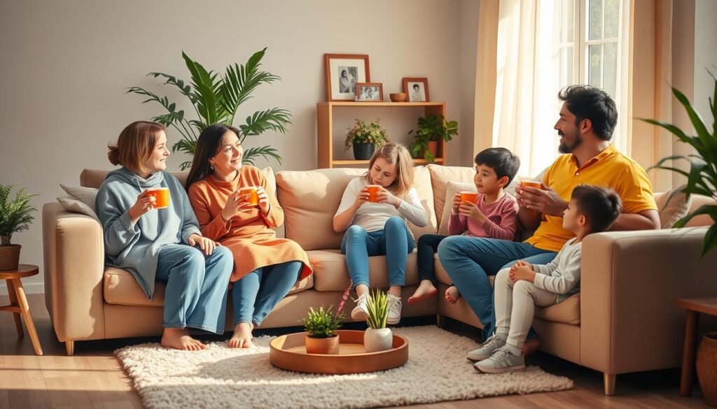 A warm, inviting living room setting that captures a family engaged in a mental health check-in. In the foreground, a diverse family of four—a mother, father, and two children—sit on a cozy sofa, each holding a cup of tea. The mother, dressed in modest casual clothing, gestures thoughtfully while the father listens attentively, showing support. The children, also in comfortable attire, share their thoughts, creating an atmosphere of open communication. In the middle, a soft rug anchors the scene, with plants and family photos creating a nurturing backdrop. The natural light from a nearby window enhances the warmth of the setting, casting soft shadows. The overall mood is relaxed and supportive, illustrating the importance of family communication and connection.