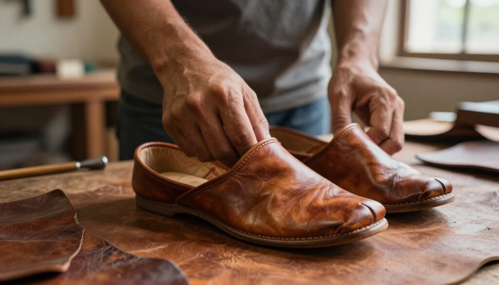 Close-up of a pair of traditional leather juttis made from vegetable-tanned leather, showcasing the natural texture and rich patina of the material. In the foreground, focus on the soft, pliable leather surface with subtle creases indicating the break-in process. The middle ground features hands gently manipulating the shoes to illustrate the softening effect, wearing modest casual clothing. In the background, a softly lit workshop environment with tools and leather scraps, creating an authentic artisan atmosphere. Natural light filters through a window, casting warm shadows that enhance the leather's grain. The overall mood is inviting and educational, aiming to convey the process of understanding and caring for vegetable-tanned leather.