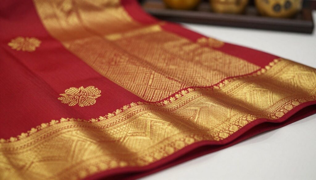 Close-up view of a Kanjivaram saree showcasing an intricate korvai border. The foreground features a richly woven border with vibrant hues of gold and deep red, highlighting the lavish zari work. In the middle, the body of the saree presents a traditional motif, displaying a flawless transition from the pallu to the body, emphasizing the loom’s craftsmanship. The background is softly blurred, suggesting an elegant display setting. Warm, ambient lighting enhances the texture and sheen of the silk, creating a luxurious atmosphere. The angle captures the angle of drape, showcasing the elegance of the saree while focusing on the craftsmanship of the korvai join, reminiscent of fine artisanal history.
