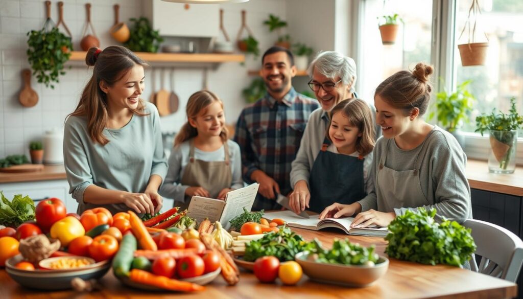 A warm and inviting kitchen scene featuring a multi-generational family engaged in meal planning and preparation together. In the foreground, a mother and her children, dressed in modest casual clothing, are gathered around a wooden table filled with colorful fresh vegetables and recipe books. The middle ground shows a grandfather chopping ingredients, smiling as he interacts with the family. The background includes a well-lit kitchen with hanging herbs, pots, and a window allowing soft, natural light to filter in, creating a bright atmosphere. The mood is cheerful and nurturing, reflecting a sense of collaboration and togetherness in building healthy habits. Use a wide-angle lens for depth, capturing the warmth of family bonding in a cozy, homey setting.