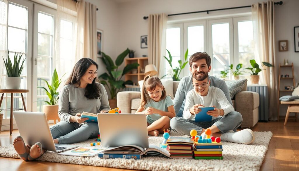 A warm, inviting living room setting showing a diverse family engaged in flexible, healthy routines. In the foreground, a mother and father, dressed in comfortable but modest casual clothing, sit on a soft rug, surrounded by colorful children’s books and a laptop, exemplifying a relaxed homeschooling atmosphere. In the middle ground, two children are playing with educational toys, their joyful expressions highlighting engagement and creativity. The background features large windows allowing soft, natural light to flood the room, casting gentle shadows. Houseplants and family photos adorn the walls, creating a sense of comfort and cohesion. The overall mood is cheerful and supportive, reflecting a nurturing environment for adaptability and wellness, fitting for promoting sustainable family habits.