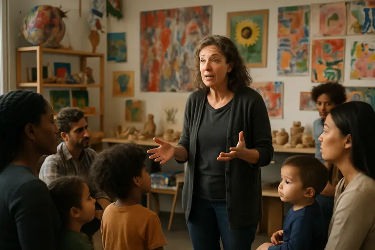 Adult and child looking at museum art from a respectful distance