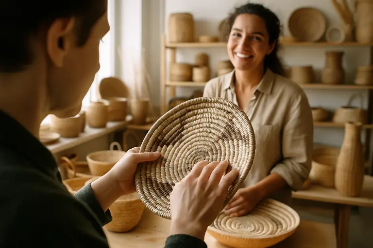 Buyer examining a handmade cup surface and maker card