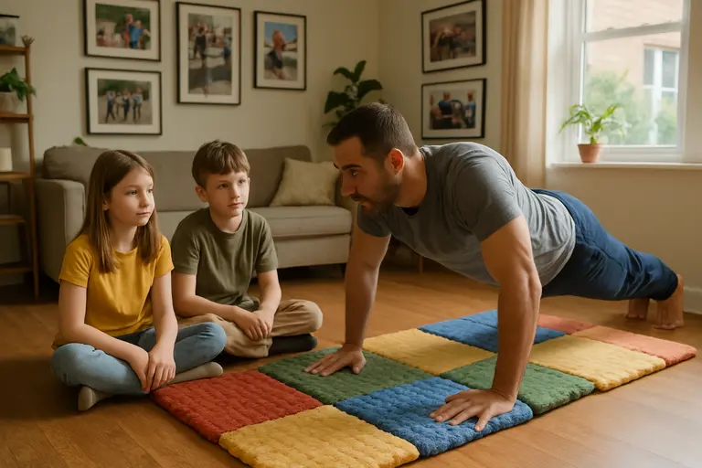 Clear living room floor prepared for gentle family movement games