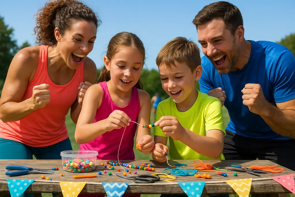 Family craft fitness setup with paper shapes, ribbons, and open floor space