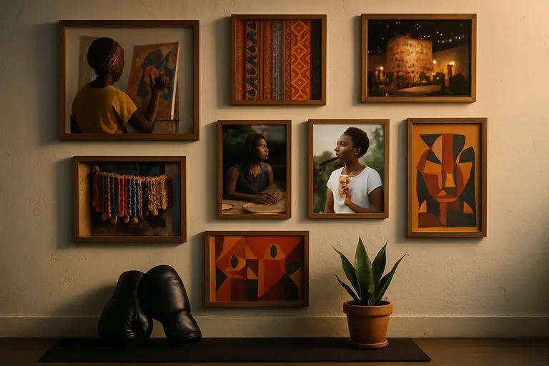 Framed abstract artwork above a tidy workout bench with plants and towels