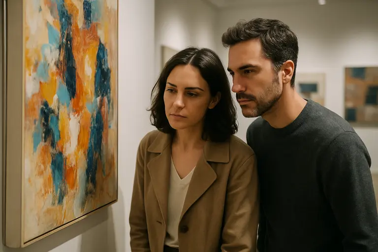 Gallery visitor examining an abstract painting from a careful distance